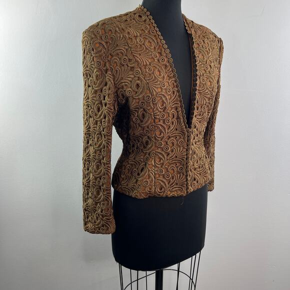 VTG Frank Fiore Brown Jacket Floral Embroidered Plunge Victorian Cocktail S/M - Picture 5 of 8